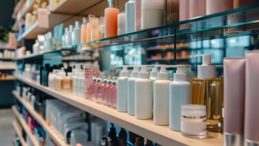 Shelves of skincare and beauty products displayed in a retail store