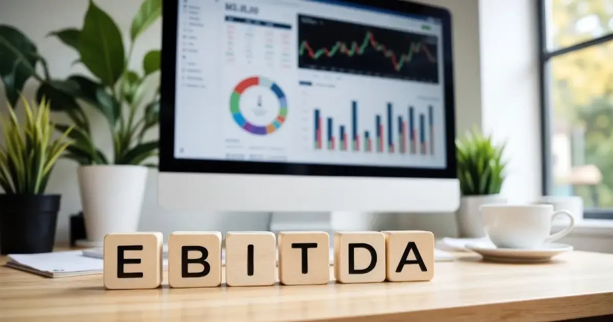 Wooden letter blocks spelling EBITDA on a desk in front of a computer displaying financial charts.