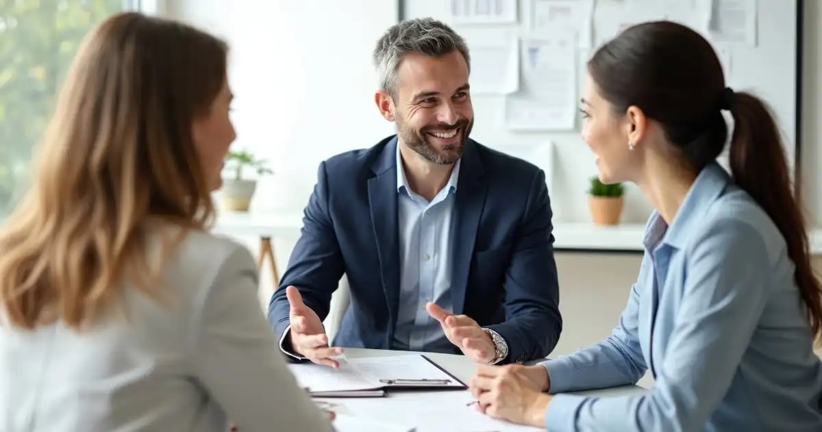 Business professionals meeting across a conference table during a discussion about selling their business