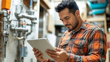 Contractor using a tablet to inspect mechanical equipment at a job site