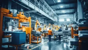 Modern manufacturing facility with automated equipment and workers on the production floor